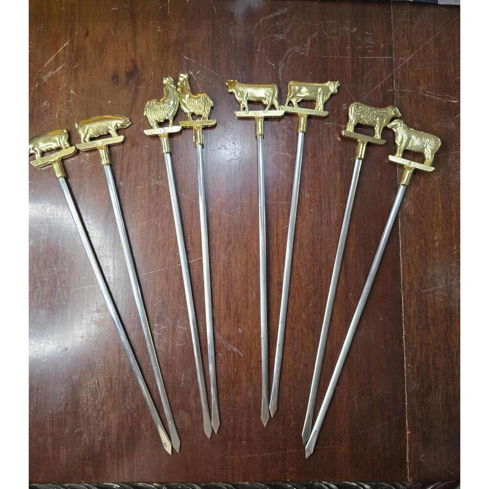 Set of 8 Vintage Brass 15" Shish Kebob Skewers 2 of Each Pig Sheep Cow Rooster